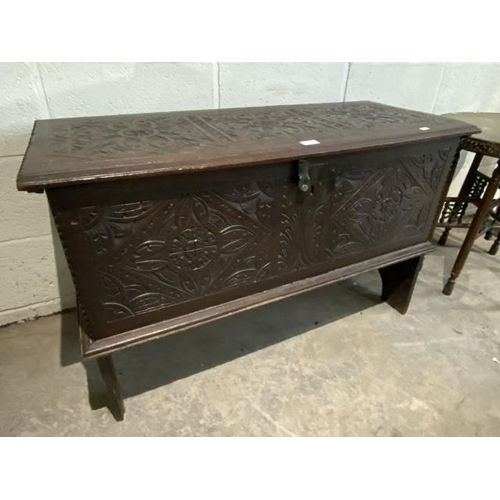 73 - 18th century carved oak, six panel coffer 63H 102W 42D