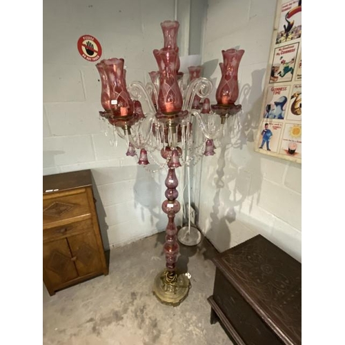 74 - Victorian Cranberry glass floor lamp (one shade damaged, some minor chips to edges, 2 decorative bel... 