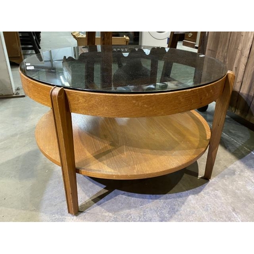 91 - Mid century 'Remploy' teak framed with smoked glass coffee table 46H 77cm diameter