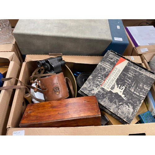 554 - 9 boxes of assorted collectables including cased Aitchison, London binoculars, Junghans carriage clo... 