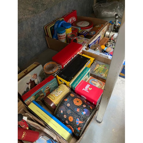 551 - 5 boxes of collectables inc. advertising tins, compacts, pipe rack, tea cards, microscope, napkin ri... 