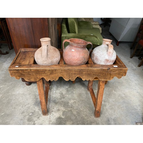 92 - Spanish fruitwood jar holder 69H 115W 40D with 3 Spanish earthenware jars for water, olives and oil