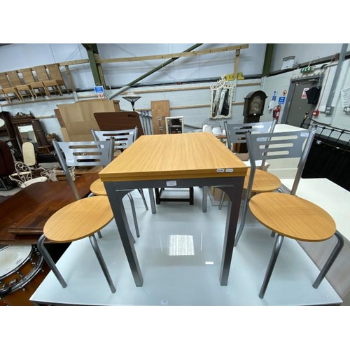 107 - Beech effect fold over kitchen table 79H 55W 70D and 4 chairs