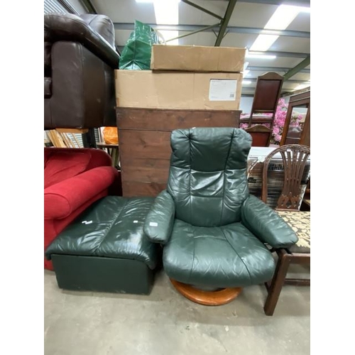 113 - Ekornes green leather swivel lounge chair 60W and a box stool 40H 70W 60D