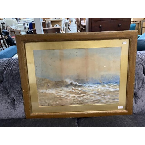 129 - Oak framed watercolour coastal scene, signed to bottom left