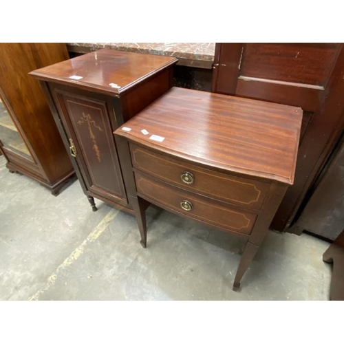 137 - Victorian mahogany inlaid pot cupboard 75H 39W 37D & a Victorian mahogany 2 drawer hall table 67H 49... 