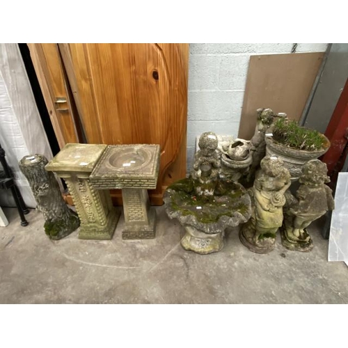 149 - Assorted stone effect statues, bird bath, plant stand etc (some as found)