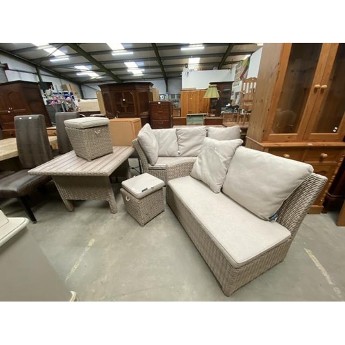 66 - Lifestyle Garden table 68H 91W 91D, 2 stools and 2 settees 120W & 180W with cushions