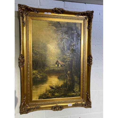 76 - Gilt framed oil on canvas of a woodland scene, signed to bottom right 65 x 90cm