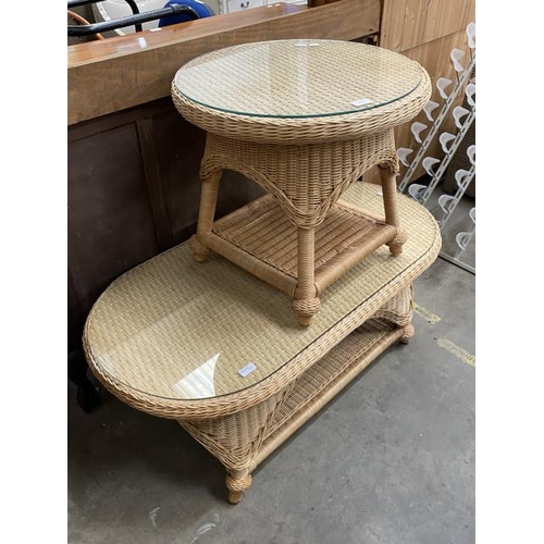 98 - Good quality wicker occasional table 52H 58cm diameter & a matching coffee table 46H 116W 62D