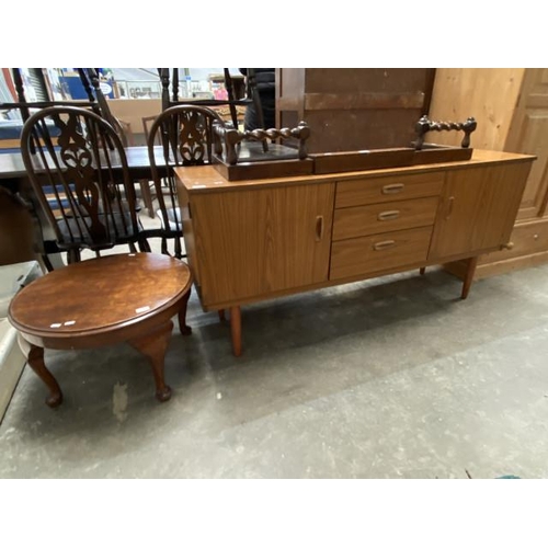 11 - Schreiber melamine sideboard 74H 152W 43D. mahogany coffee table 38H 60cm diameter and an oak barley... 