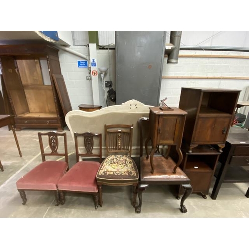 29 - Pair of Victorian bedroom chairs, pair of mahogany bedside cabinets 68H 40W 39D, oak pot cupboard 68... 