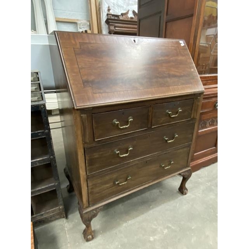 35 - Mahogany bureau with claw and ball feet 106H 77W 44D