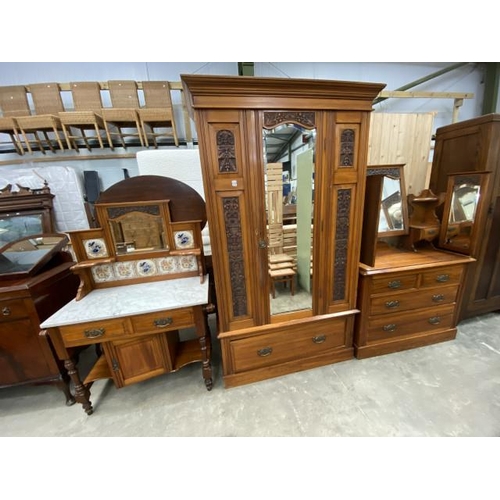 38 - Victorian satinwood bedroom suite (wardrobe 192H 113W 49D, dressing chest 155H 100W 45D & washstand ... 