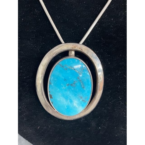 419 - Silver & turquoise pendant on silver neck chain, 40cm long