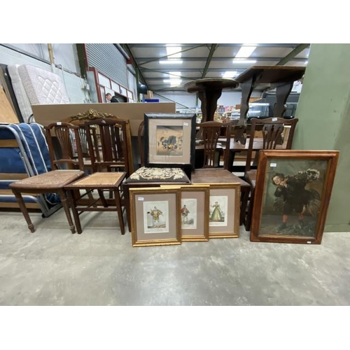 44 - 5 antique side chairs, two framed woodblock prints, The Fifty three stations of the Tokaido 'Mishima... 