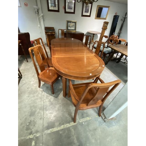 51 - Chinese rosewood extending dining table and 7 chairs including 2 carvers 78H 243W 111D