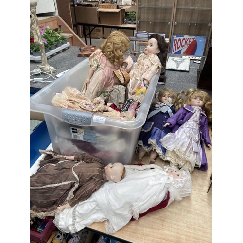 557 - A collection of clothed bisque headed dolls, assorted dolls clothing etc