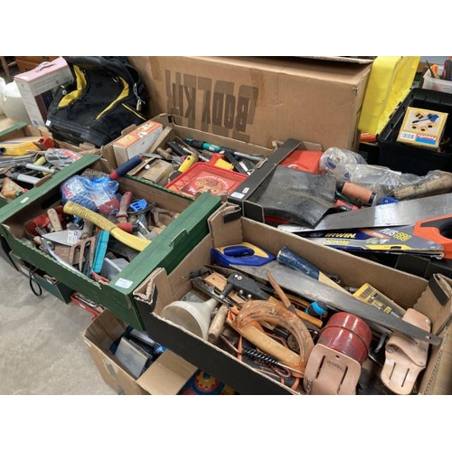 562 - Boxes of workshop and gardening tools including saws, axes, bit/drill box, screws and wall plug set,... 