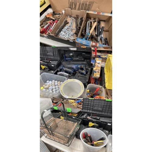 565 - 3 boxes of workshop tools including spanners, hammers, chisels etc, Performance Pro cased circular s... 