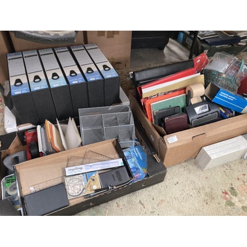 566 - 3 boxes of stationery and office supplies including box files, desk tidy, hole punch, tape dispenser... 