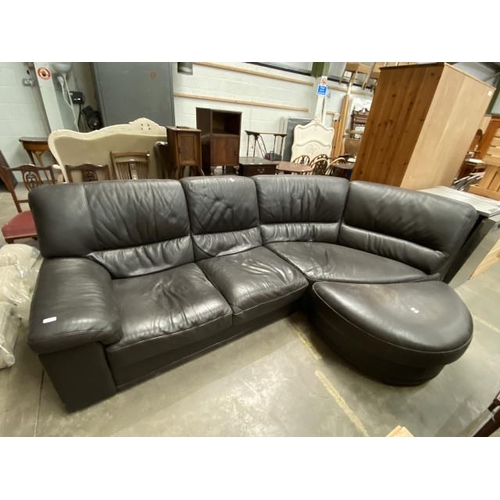 57 - Italian brown leather curved settee (in 2 sections) 280W 120D & matching footstool 37H 100W 55D