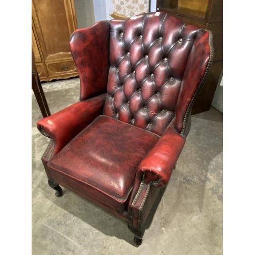 86 - Ox blood leather button back Chesterfield wing armchair 80W