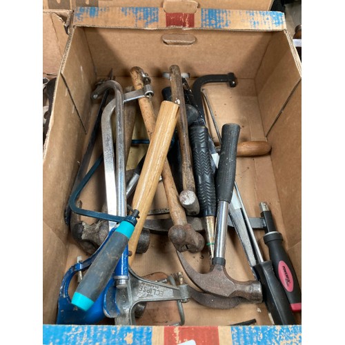 565 - 3 boxes of workshop tools including spanners, hammers, chisels etc, Performance Pro cased circular s... 