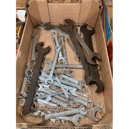 565 - 3 boxes of workshop tools including spanners, hammers, chisels etc, Performance Pro cased circular s... 