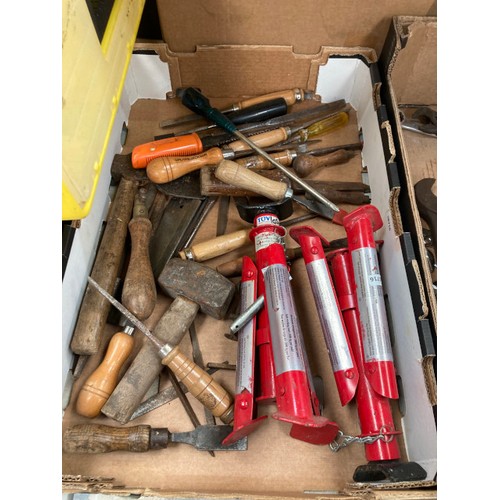 565 - 3 boxes of workshop tools including spanners, hammers, chisels etc, Performance Pro cased circular s... 