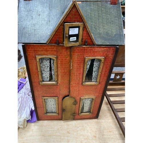 556 - Vintage dolls house with furniture and accessories and a wooden dolls bed (no mattress/bedding)