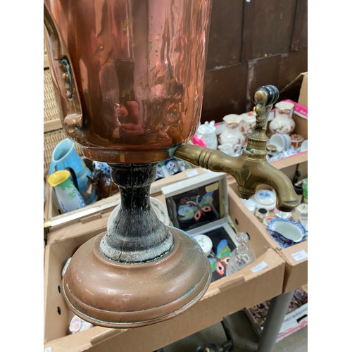 574 - Collection of metal wares to include brass warming pan, copper kettle and samovar, vintage scales wi... 