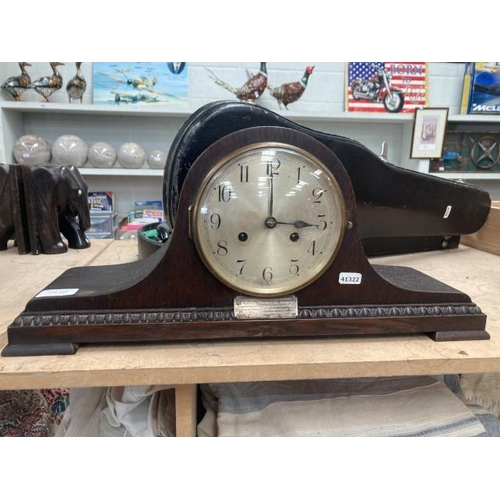 449 - Oak cased mantel clock with silver plaque presented to William Leach by the members of The Keighley ... 