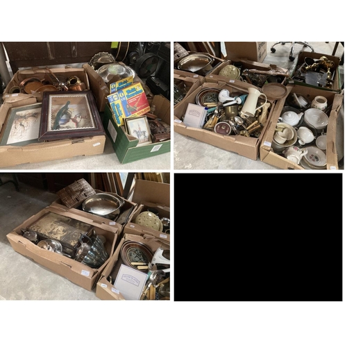 508 - 10 boxes of collectables including silver plated ware, copper and brass wares, treen, tea wares, pic... 