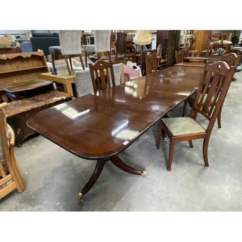 55 - Regency style mahogany triple pedestal dining table 78H 246-356W 100D including 2 leaves and 4 oak A... 