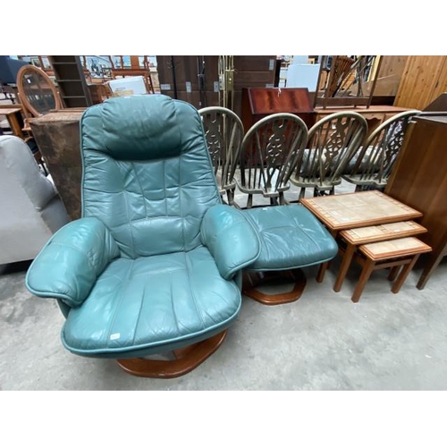 57 - Green leather swivel reclining armchair 82W with matching footstool & a tiled topped nest of 3 table... 