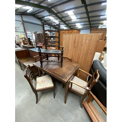 62 - Oak draw leaf table 78H 166W 76D and 4 chairs and an antique oak ladder back chair