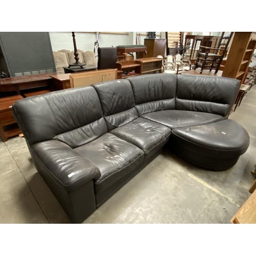 76 - Italian brown leather curved settee (in 2 sections) 280W 120D & matching footstool 37H 100W 55D