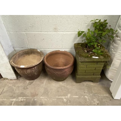 8 - 2 ceramic planters 30H 36cm diameter & 30H 38cm diameter and a stone effect planter 41H 31W 31D