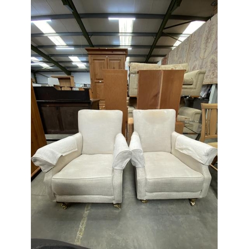 87 - Pair of cream upholstered Edwardian armchairs 74W (please note fabric will require cleaning)