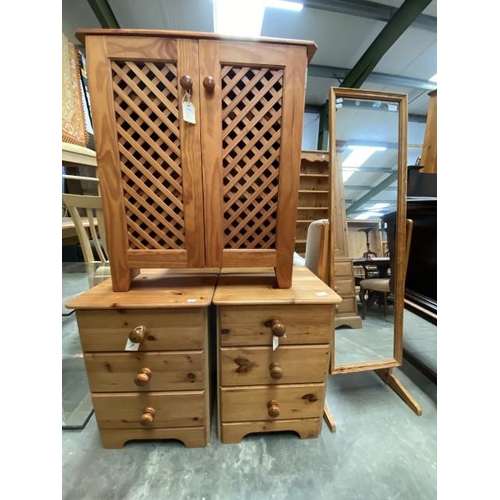 91 - Pine 2 door cupboard 77H 68W 21D, pine cheval mirror 137H 42W and a pair of pine 3 drawer bedside ch... 