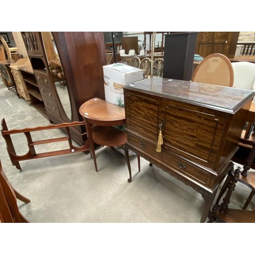 96 - Mahogany 2 door cocktail cabinet 103H 77W 37D, mahogany wall mounted shelf 65H 88W 12D, teak demi lu... 