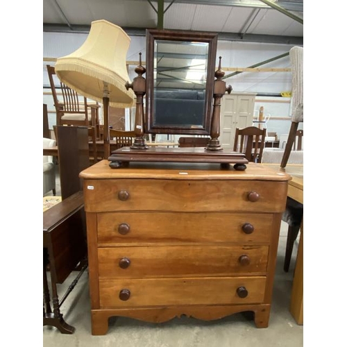 98 - Victorian pine 4 drawer chest 86H 98W 45D and a Victorian mahogany dressing table mirror