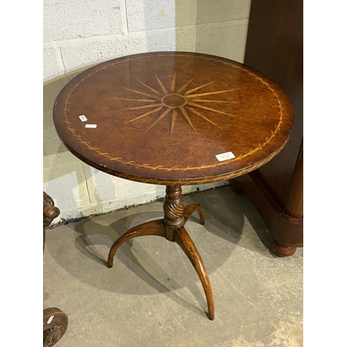 100 - Good quality yew wood inlaid tripod table 70H 61cxm diameter