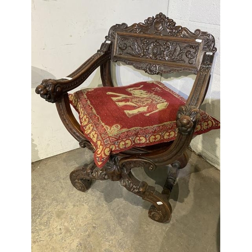 101 - Circa 1900 carved walnut hall chair 58W - A Isherwood carved to back of chair