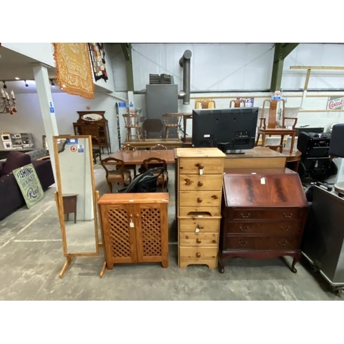 107 - Mahogany bureau with one key 98H 74W 44D, pine 2 door cupboard 77H 68W 21D, pine cheval mirror 137H ... 