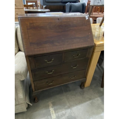 23 - Mahogany bureau with claw and ball feet 106H 77W 44D