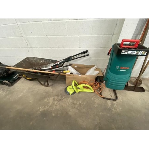 3 - Garden wheelbarrow, assorted garden tools, electric Garden Groom, Bosch AXT Rapid 2200 etc