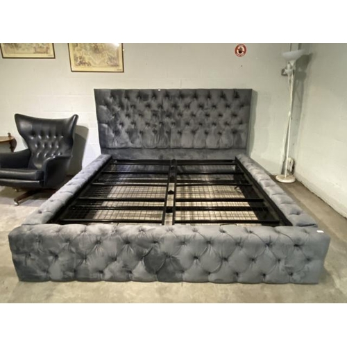 31 - Grey velvet button back super-king (6ft) bed frame