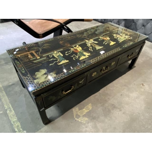 32 - Oriental lacquered 3 drawer coffee table 41H 122W 52D